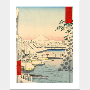 Mount Fuji from Riverbank under Snow Japanese painting Posters and Art